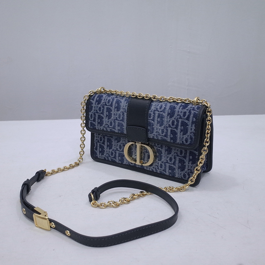 30 Montaigne East-West Bag with Chain Blue Denim Dior Oblique Jacquard and Smooth Calfskin